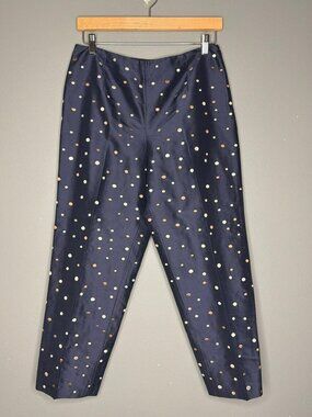 VTG Talbots 100% Silk Embroidered Polka Dot Pants Navy Capri Side Zip Women 8
